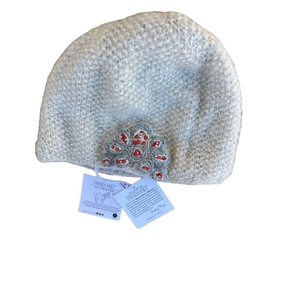 NWT French Knot Mohair Hat Beanie With Embroidery Ivory Free Size - Picture 10 of 10